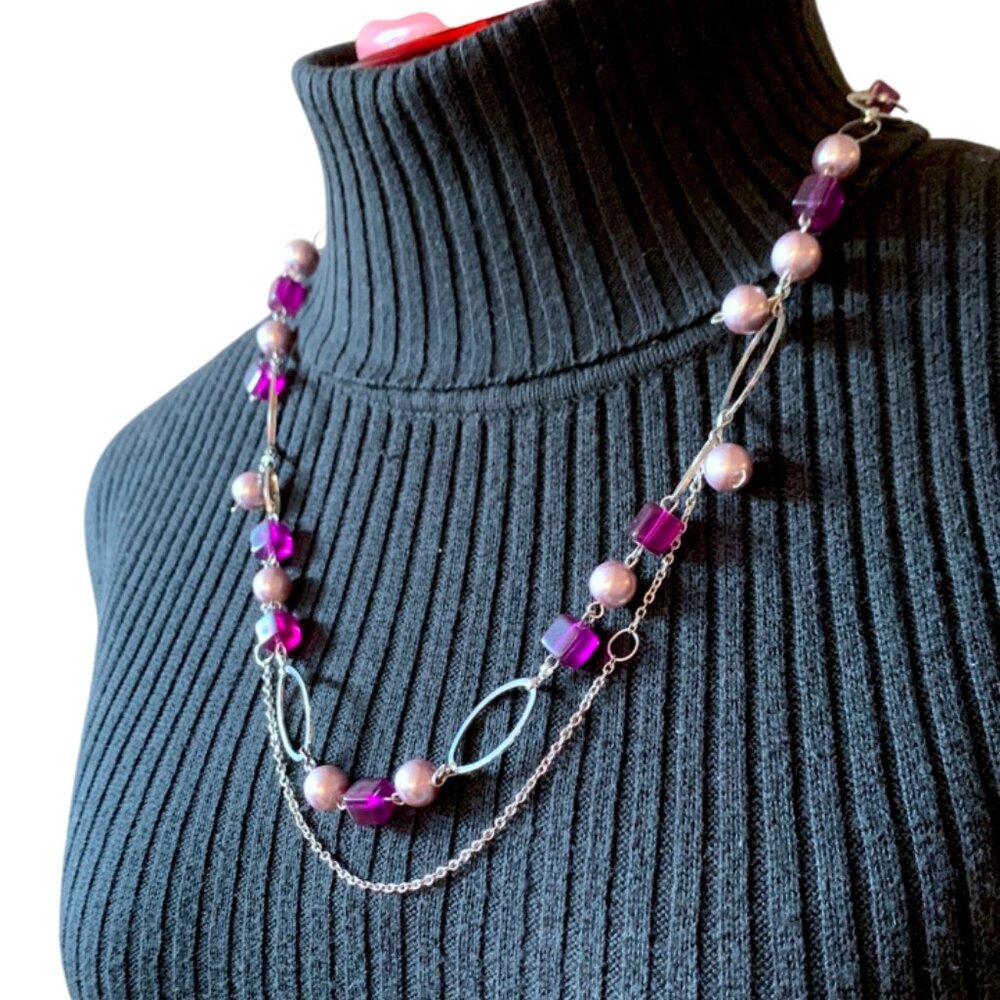 2x18$ 🎁 💎 CREATION - 2 layers necklace - Purple & violet pearl - silver chains